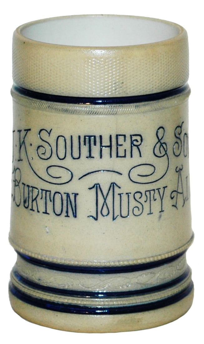 Whites Utica JK Souther &Sons Burton Musky Ale Mug: Stoneware Whites Utica Etched 3/10L. “J.K. Souther & Sons Burton Musty Ale.”