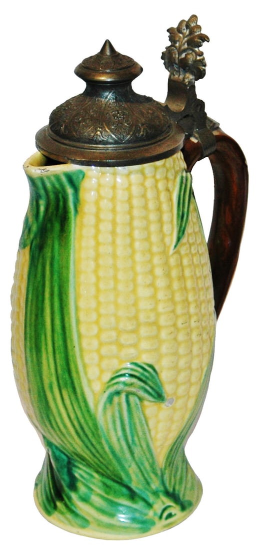Rare Majolica 1-1/4L Ear of Corn Character Stein: Character Stein 1 1/4L Majolica Hornberg. Ear of corn. Rare. Original pewter lid.