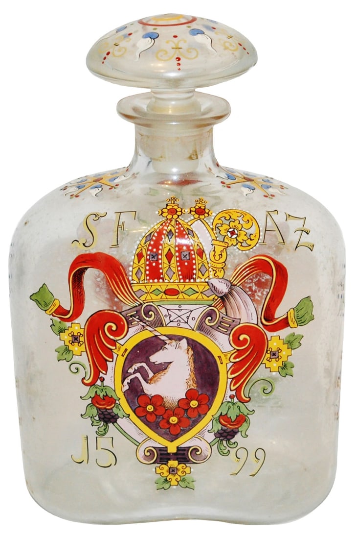 Fritz Heckert Unicorn Shield & Floral 10" Decanter: Blown Glass 10” Decanter. Fritz Heckert. Enameled unicorn in shield. Floral on rear side.