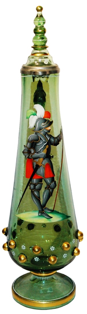 23" Knight w Swords Gilded Prunts Glass Stein: Blown Green Glass 23” Stein. Enameled knight in armor with swords. Gilded prunts. Matching inlay lid.