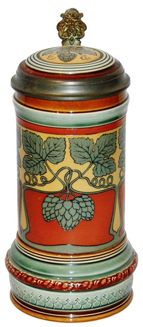 Mettlach Art Nouveau Wheat & Heart Etches Stein: Mettlach #2802 Etched 1/2L. Art Nouveau wheat and heart design. Inlay lid.