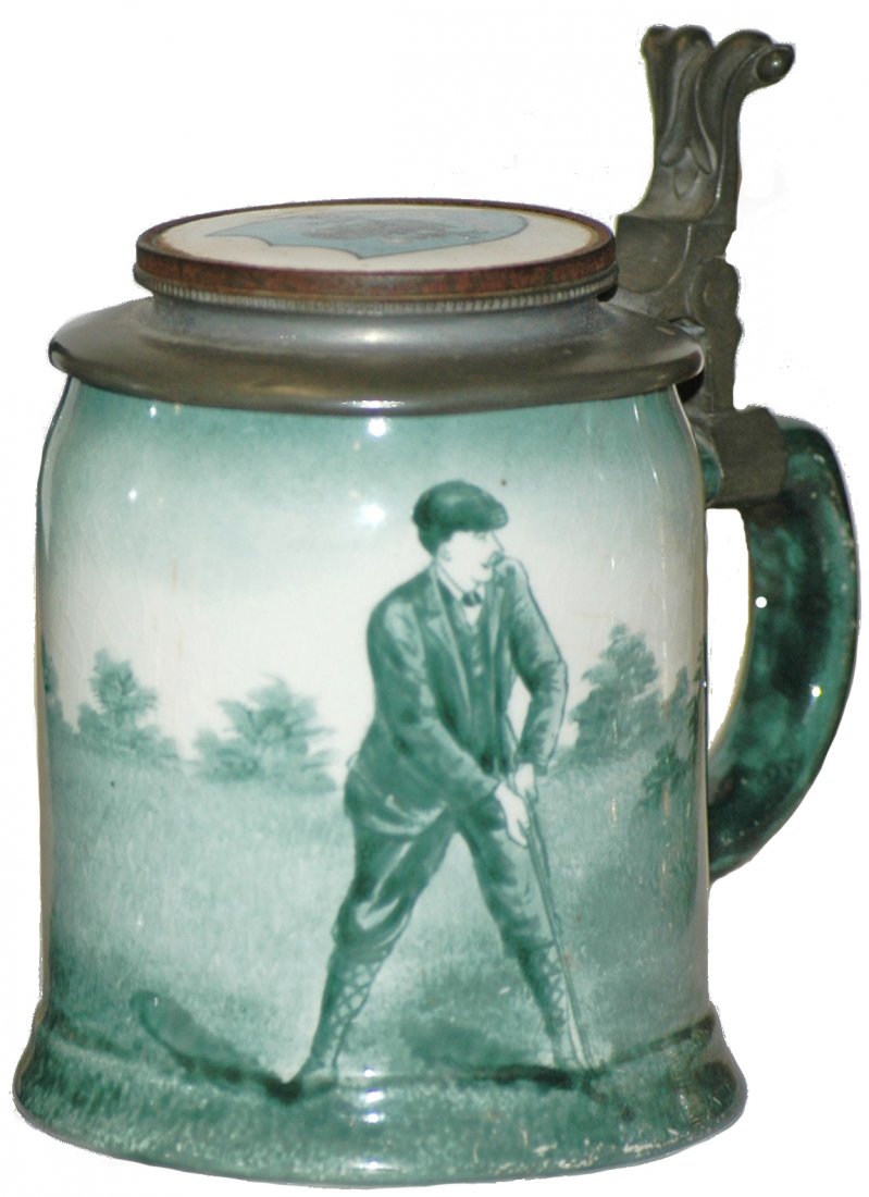 Man Plays Golf on Stein w Inlay Lid: Pottery O'Hara Dial POG 1/2 L. Man plays golf. Inlay lid. Mint.