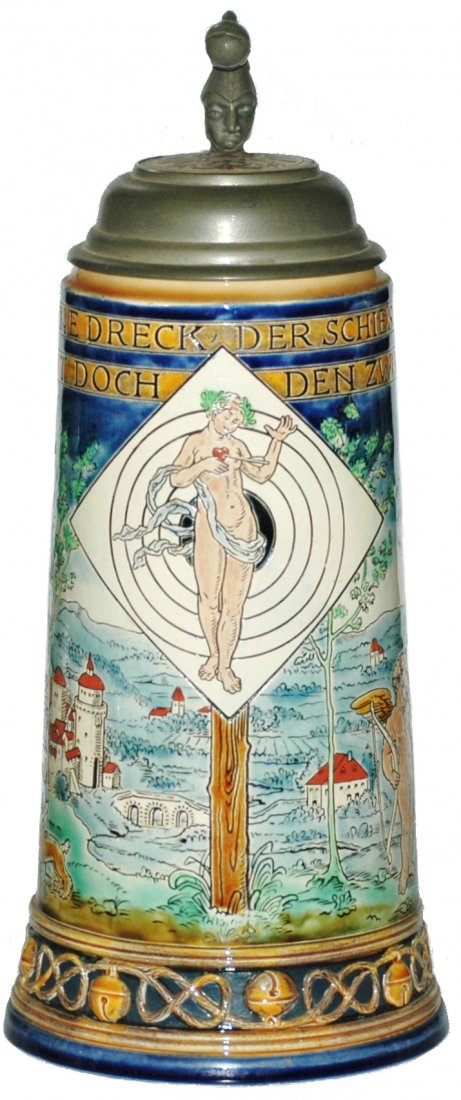 Mettlach 1 Liter Venus Target Stein Inlay Lid: Mettlach #2717 Etched 1L. Venus target. Inlay lid. Mint.