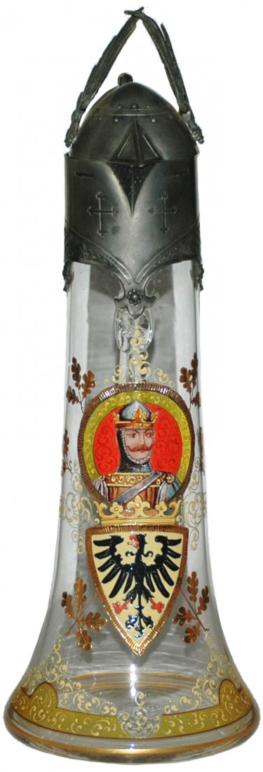 Van Hauten Knight Eagle Shield Stein Wings Finial: Blown Glass 2 L. Enamel Eagle shield and Knights head. Fancy pewter neck and lid. finial. Van Hauten. Mint.
