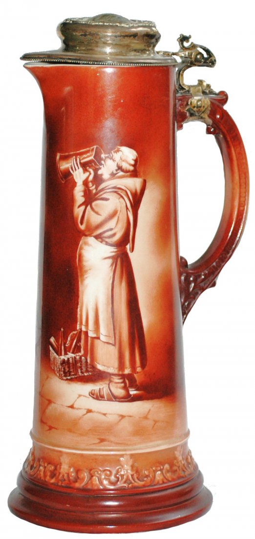 Lenox 3 L. Stein with Monk & Sterling Silver Lid: Porcelain Lenox POG 3 L. Monk in brown coloring. Sterling silver lid. Mint.