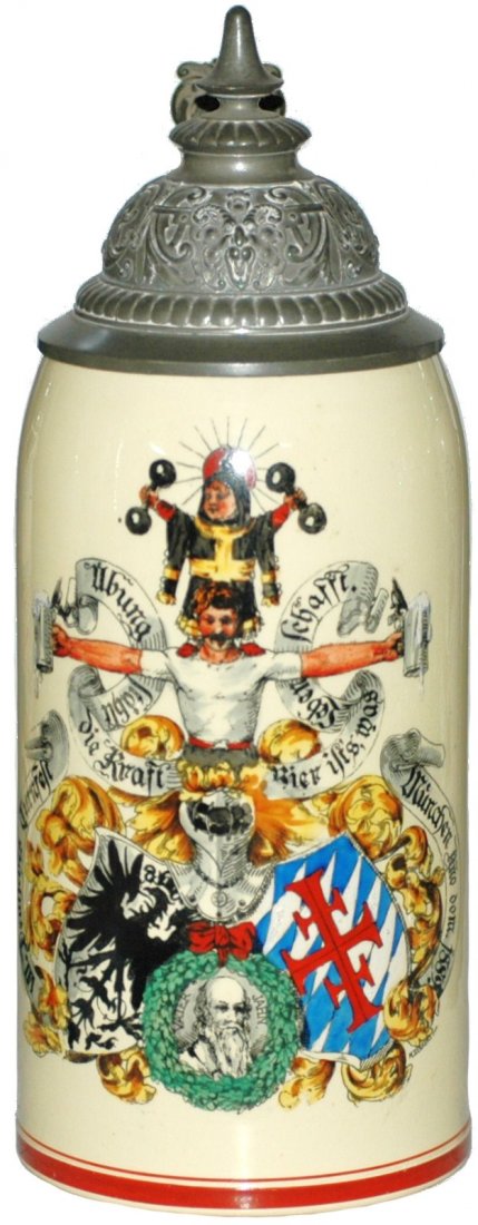 4F Turner Stein w Munich Child Lifting Weights: Pottery POG 1 L. Detailed 4 F Turner scene with Munich child lifting weights. Mint.