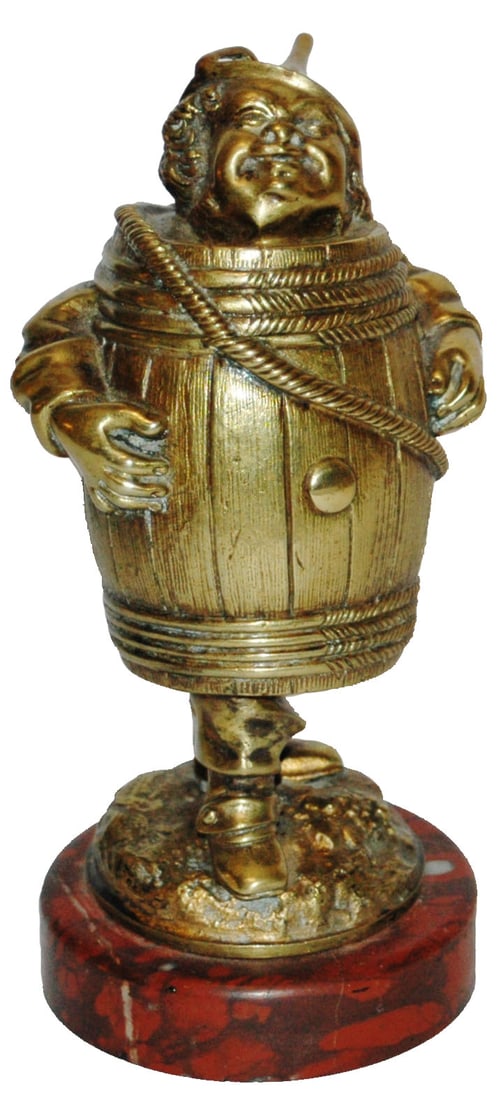 Brass Match Safe Barrel Man wFunnel Hat Hinged Lid (1 of 4)