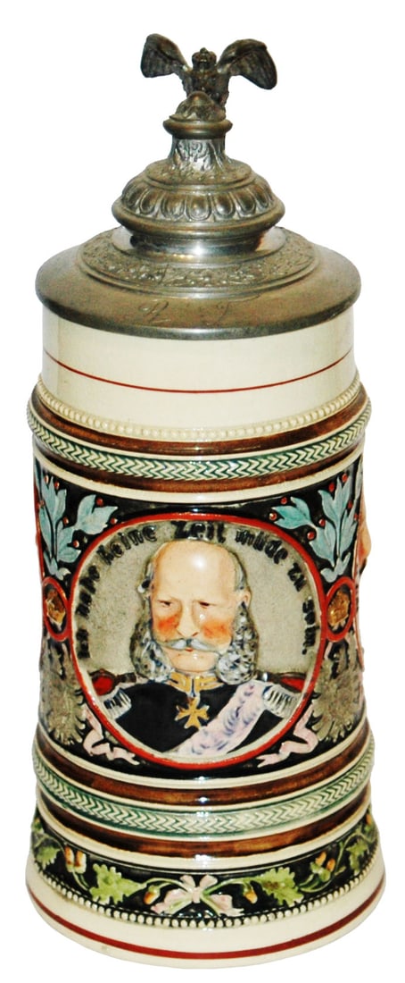 Wilhelm I & II and Fredrich III Relief Stein: Pottery $990 Relief 1/2L. Kaiser Wilhelm I, Wilhelm II and Fredrich III. Mint.