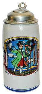 1L Octoberfest Dignitary Stein w Engraved Lid: Stoneware POG 1L. Octoberfest dignitary with wreath and stein. Engraved inscription on lid. Mint.