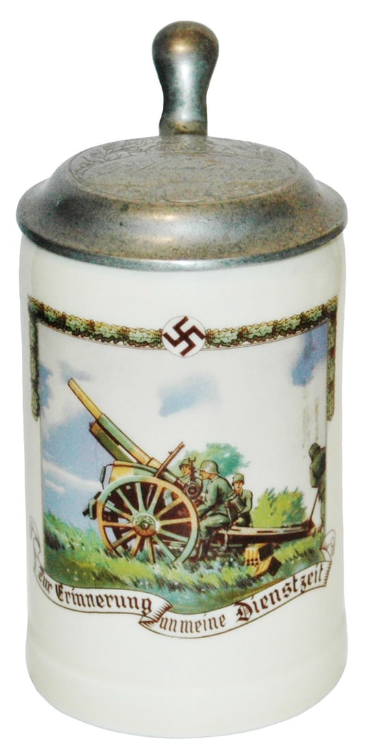 3rd Reich Artillary Cannon & Crew Stein. Swastica: Third Reich Stein Porcelain Bauscher Weiden POG 1/2L. Artillery cannon and crew. Swastika. Mint.