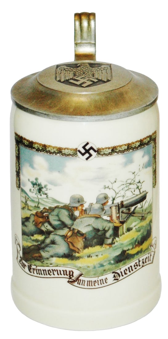 3rd Reich Machine Gunner Stein.Swastica &Eagle Lid: Third Reich Stein Porcelain Bauscher Weiden POG 1/2L. Machine gunner scene. Swastika and eagle pewter lid. Mint.