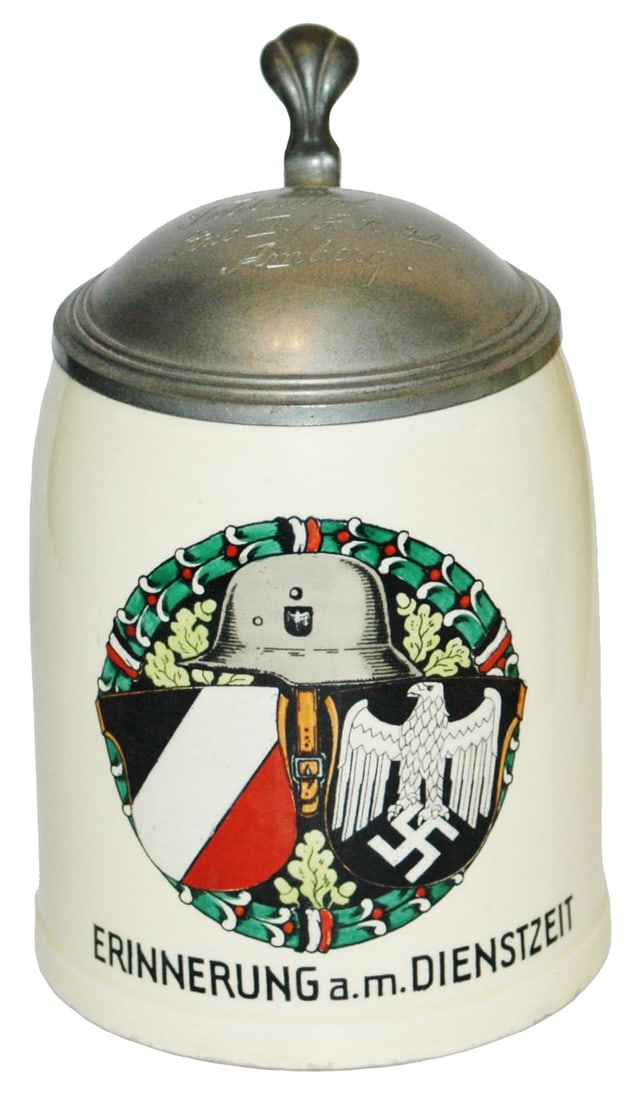 3rd Reich Helmet Shields & swastica Stein: Third Reich Stein Pottery POG 1/2L. Helmet and shields one with swastika. Mint.