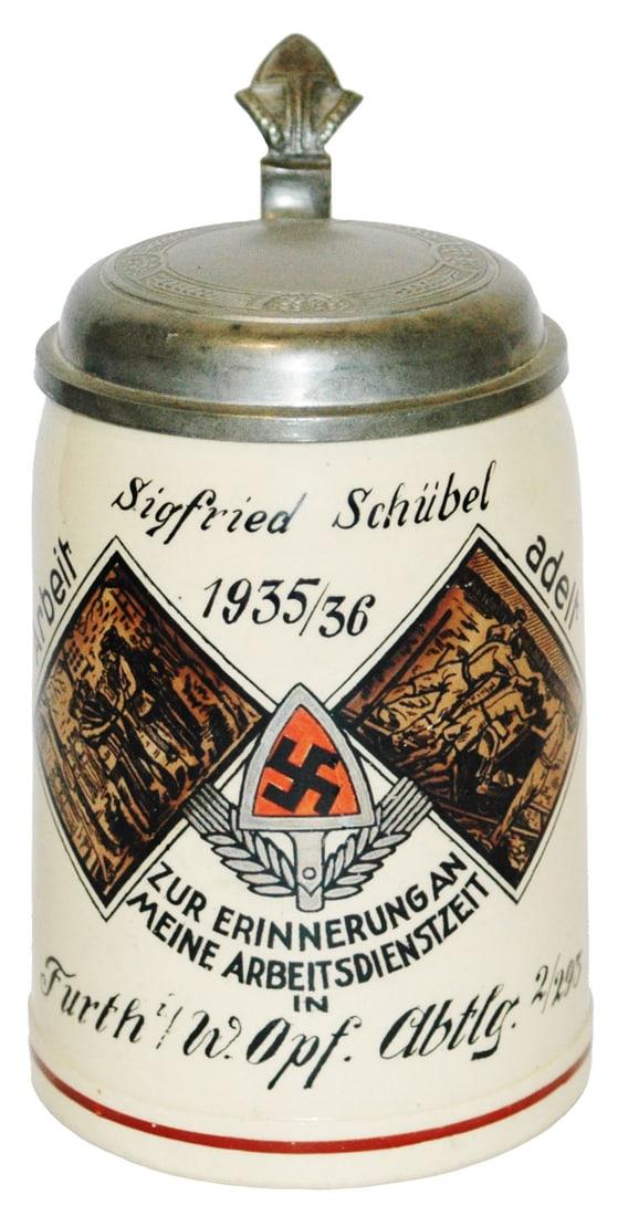 3rd Reich Work Corp 1935/36 Stein: Third Reich Stein Pottery POG 1/2L. Work Corps 1935/36. Mint.