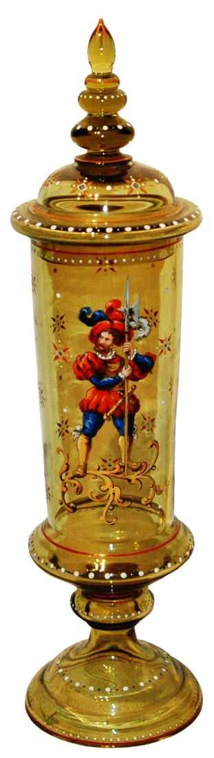17" Pokal w Enamel Landsknecht: Blown Amber Glass 17” Pokal. Enameled standing landsknecht. Matching set on lid. Mint.