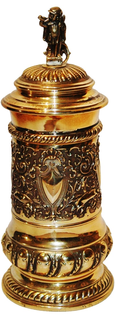 1-1/2L Brass Stein w Floral . Lid Dated 1909 (1 of 4)