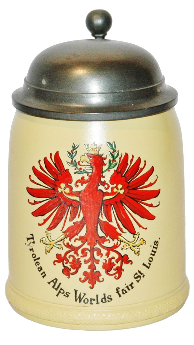 Mettlach Rare St Louis Worlds Fair Tyrolean Alps: Mettlach #285 POG 1/2L. Stein “Tyrolean Alps Worlds Fair St. Louis.” Rare. Mint.