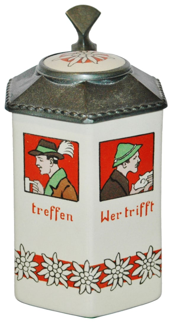 Mettlach Bavaria Six Sided Target Girl Stein: Mettlach Bavaria #3313/547 POG 1/2L. Target girl and drinkers on six sided body. Inlay lid. Mint.