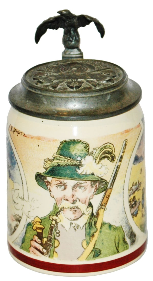 Mettlach Schlitt Hunter w Rifle & Target Lid Stein: Mettlach #1526/1076 PUG 1/2L. Schlitt. Hunter with rifle. Relief target and rifles pewter lid. Mint.