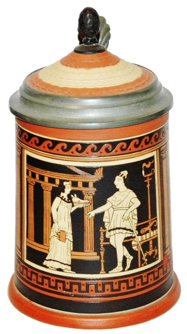Mettlach Man in Toga etched stein w Finial: Mettlach #2101 Etched 1/2L. Man in toga being served. Inlay lid with finial. Mint.