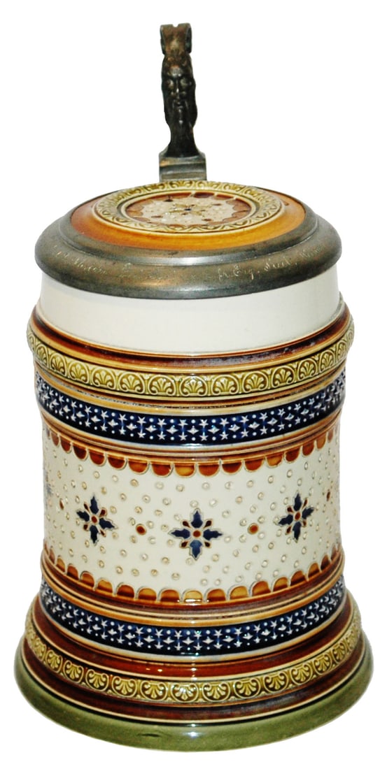 Mettlach Mosaic Floral Design Stein: Mettlach #1790 Mosaic 1/2L. Floral design. Inlay lid. Mint.