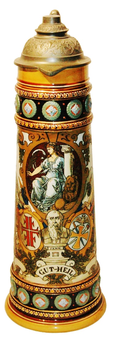 Mettlach 3L Father Jahn & 4F Men Stein w Fancy Lid (1 of 5)
