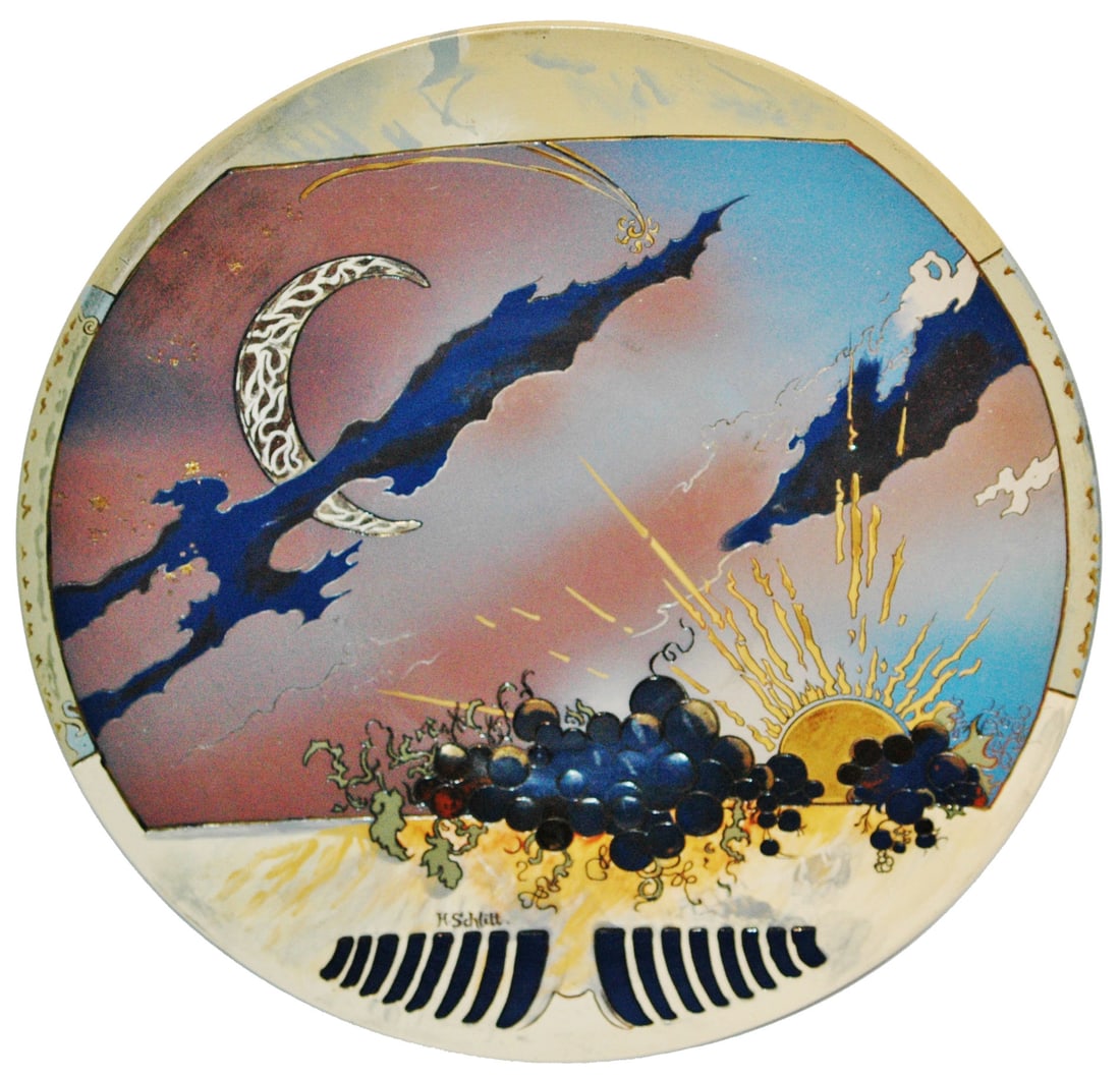 Mettlach Rare Sunset & Moon Punch Bowl Underplate: Mettlach #2694 Etched 18” Punch Bowl Underplate. Sunset with moon coming out. Schlitt. Rare. Mint.