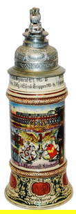 Regimental Eisenb Stein w Stanhope & 6 Side scenes: Regimental Stein 1/2L Pottery. “8 Komp. Kgl. Eisenb. Regt. No 1 Berlin Schoneberg 1912-13 and 1 Komp. Betriebs Abtlg. d. Eisenb. Truppen Schoneberg 1913-14, Res. Klinkert. Six side scenes. Stanh