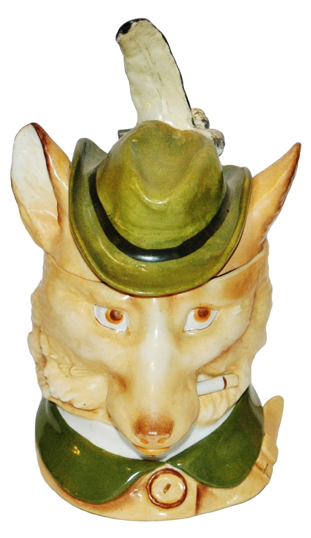 Gentleman Fox Schierholz Porcelain Stein: Character Stein 1/2L Schierholz Porcelain. Gentleman fox smokes a cigarette.