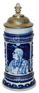 Cheyenne Indian Chief Wolf Robe Stoneware Stein: Gerz Stoneware #025 Relief 1/2L. Cheyenne Chief Wolf Robe. Indian implements around sides. Mint.