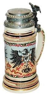 Imperial Eagle Diesinger Threaded Stein: Pottery Diesinger Threaded Relief 1/2L. Imperial eagle on each side. Relief pewter lid. Mint.