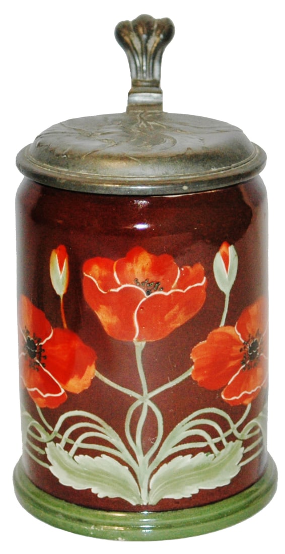 Royal Bonn Art Nouveau Floral Stein & Lid: Pottery Royal Bonn POG 1/2L. Art Nouveau floral design. Relief floral pewter lid.