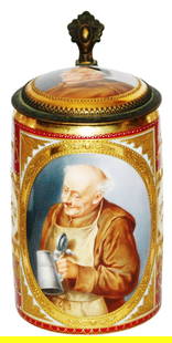 Royal Vienna 1/4L Monk Stein w Fancy Brass Mounts: Porcelain Royal Vienna Hand Painted 1/4L. Monk wears apron and holds open pewter stein. Porcelain inlay lid with monk on top side and woman on underside. fancy brass mounts. Mint.