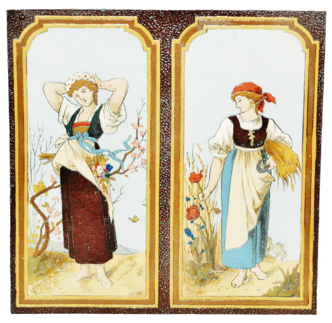 Rare Mettlach Square Plaque of Two Women Flowers (1 of 3)