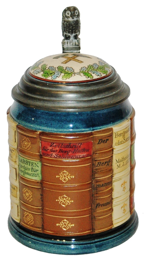 Mettlach Mining Book Stein: Mettlach #2001-L Book Stein 1/2L. Mining profession. Inlay lid.
