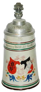 August Saeltzer 4F Shield & Verse Stoneware Stein: Stoneware August Saeltzer Etched 1/2L. 4F shield and verse. Mint.