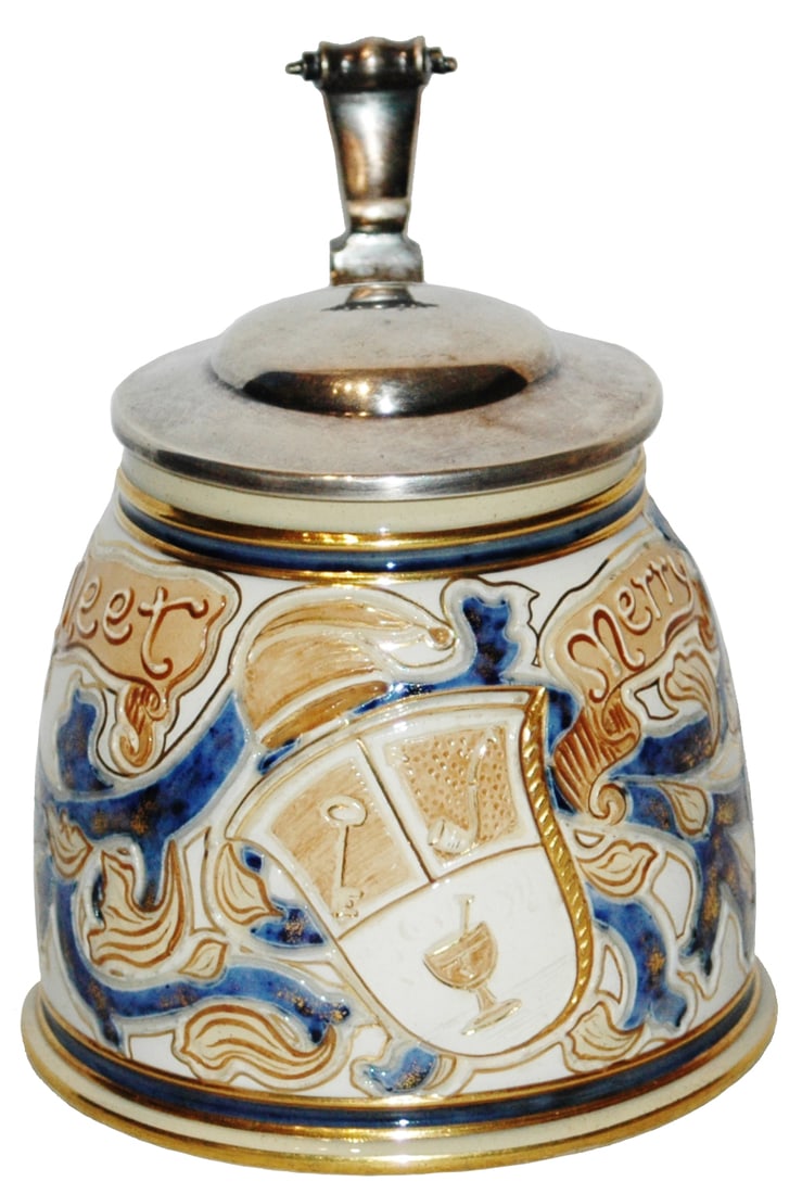 Wedgewood Etched Shield & Verse Stein: Wedgewood Pottery Etched 1/2L. Shield and “Merry Meet Merry Part.” Silver plated lid. Mint.