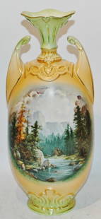 Victoria Austrian Vase w Mountain River Scene: Victoria Austrian Porcelain 15” Vase. Scene of mountain river stream. Mint.