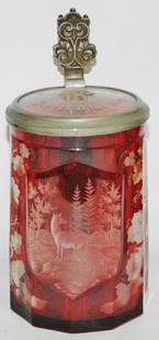 1L Bohemian c.1870 Wheel-Cut Fox in Forest Stein: Blown Glass 1L. Ruby stained and wheel-cut fox in forest scene. Bohemian circa 1870.