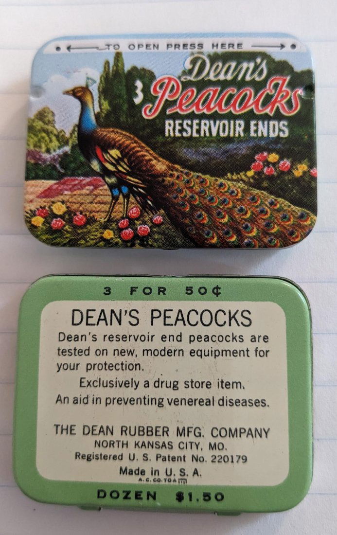 1870's  Deans Peacocks Antique Tin Condom Rubbers Container (1 of 4)