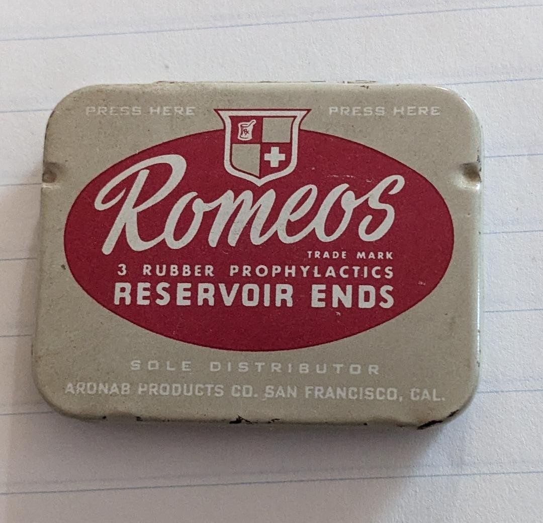 1930's ROMEOS Tin Prophylactics Rubbers Box, Execellent, w 3 Original Condoms (1 of 5)
