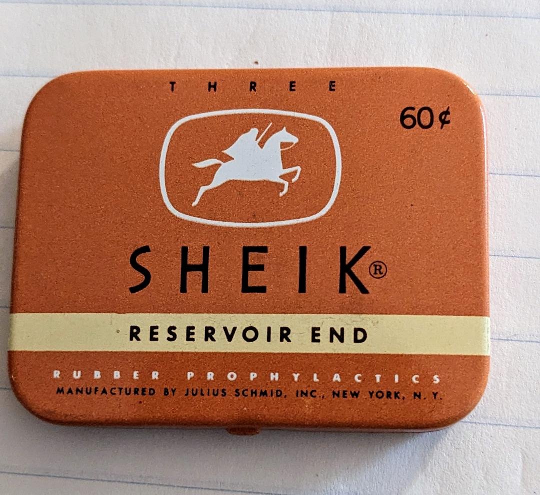 SHEIK Tin Prophylactics Rubbers Box, Excellent w 3 Original Condoms (1 of 3)
