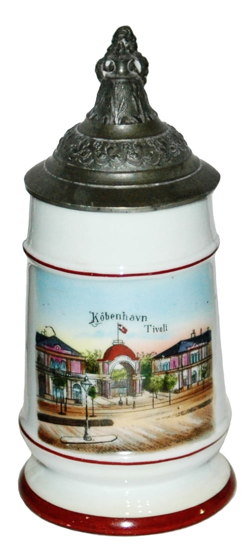 Kobenhavn Tivoli Souvenir 1/4L Stein: Porcelain POG 1/4L. Souvenir “Kobenhavn Tivoli.” Town scene. Mint.