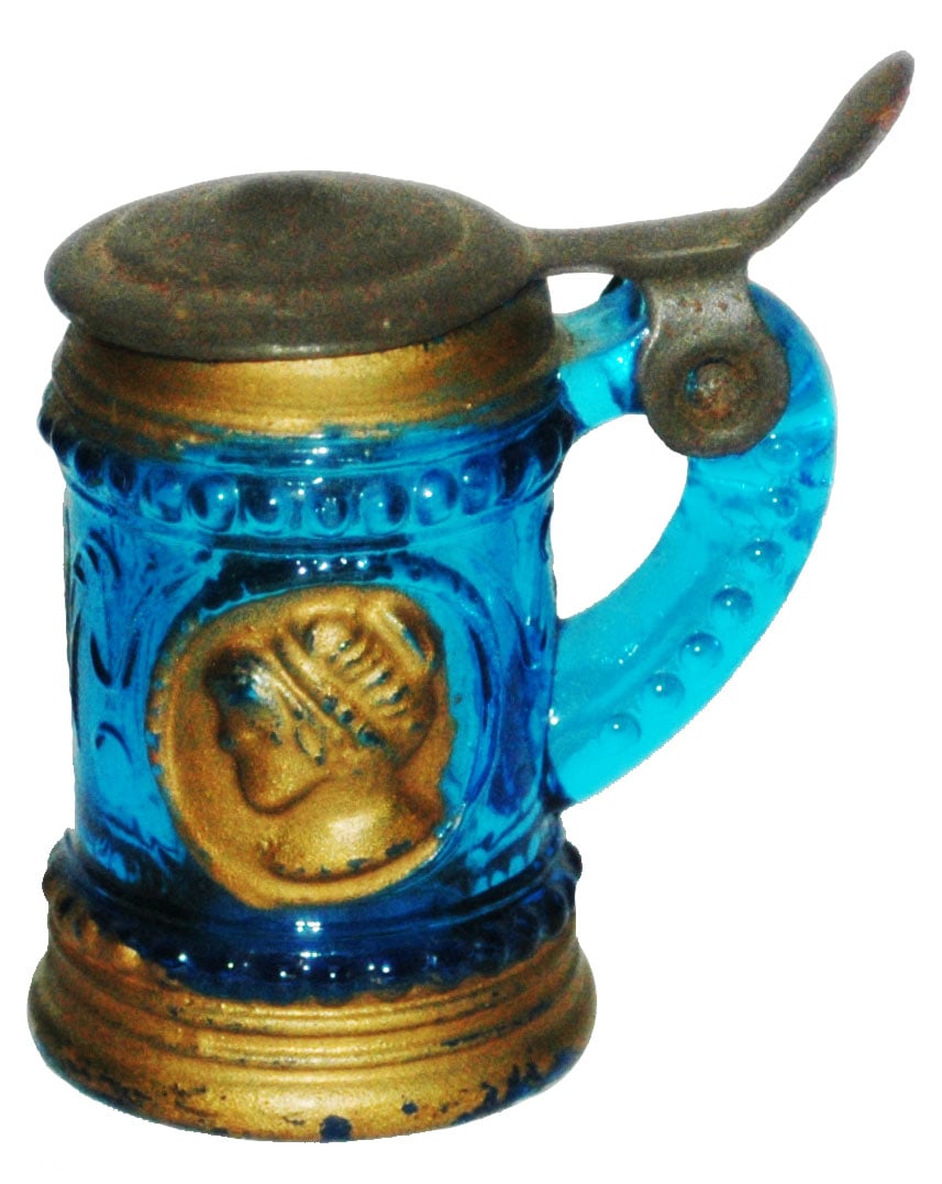 Blue Glass Mini Stein w Gilded Roman Soldiers (1 of 2)