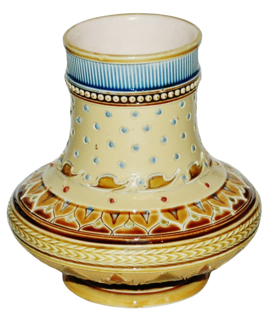 Mettlach Mosaic Floral Vase: Mettlach #1316 Mosaic 3 1/2” Vase. Several levels of rings of floral design. Mint.