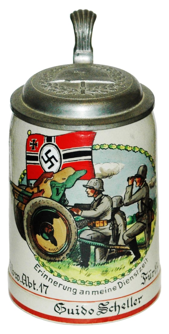 Third Reich Artillery Gun & Spider Flag 1939 Stein: Third Reich Stein 1/2L Stoneware.. “4 (E) Pz. Abw. Abt. 17 Furthi Bay. 1939, Guido Scheller. Artillery gun and N azi flag. Mint.