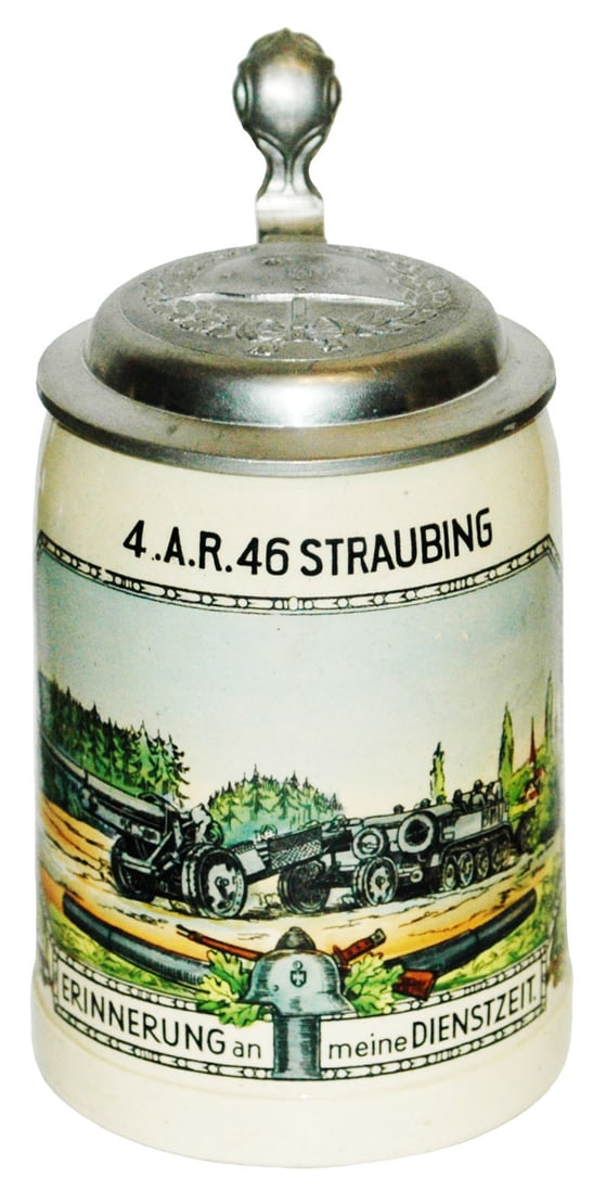 Third Reich Stein w Relief Helmet Lid & Swas tika: Third Reich Stein 1/2L Pottery. “4 A.R. 46 Straubing. Relief helmet lid with Swas tika. Mint.