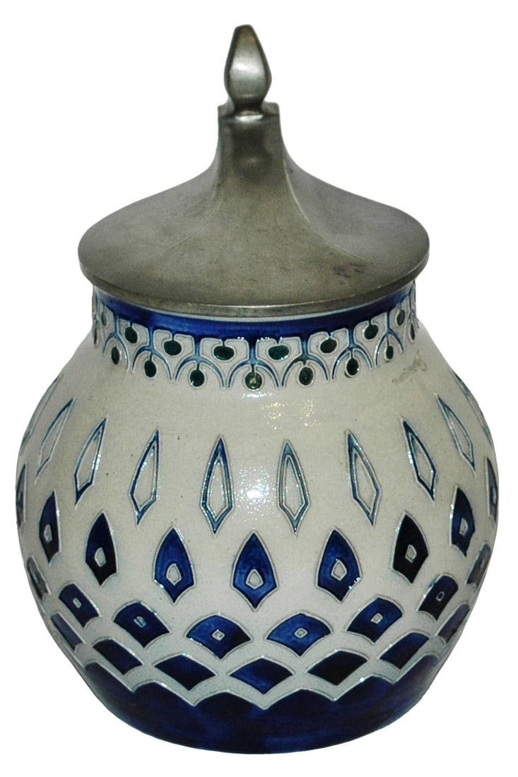 Riemerschmidt Art Nouveau Stoneware Stein: Stoneware #1828 Etched 1/2L. Richard Riemerschmid. Art Nouveau design. Mint.