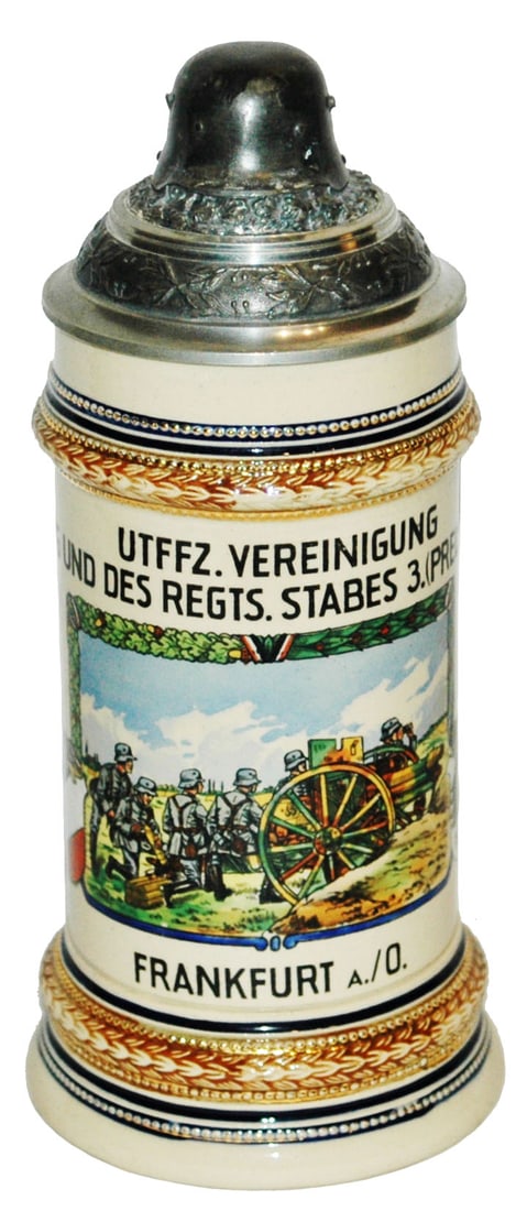 Third Reich Regimental Stein w Helmet Finial: Third Reich Stein 1/2L Pottery. “Utffz. Wereinigung II Abteilung und des Regts Stabes 3 Artl. Regts. Frankfurt. Helmet finial. Mint.