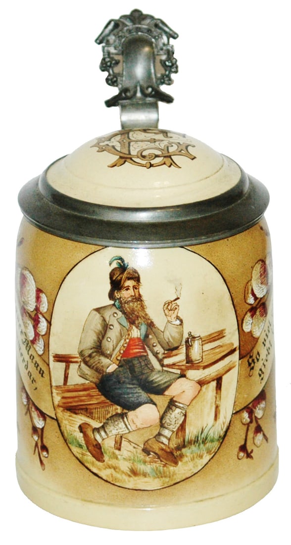 Rare Mettlach Hand Painted Man w Cigar Stein (1 of 5)