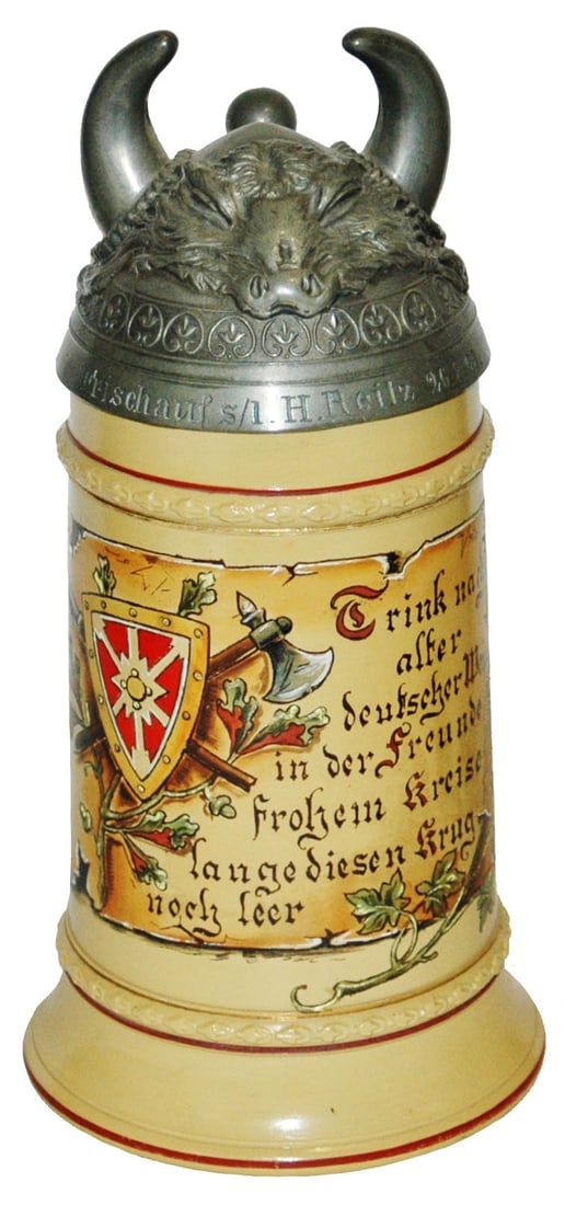 Mettlach Van Hauten Shield Axe Stein w Horn Lid (1 of 5)
